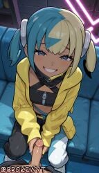 1boy 1girls ai_generated bangs blonde_hair blue_eyes blue_hair blue_nails brokewyt canari_(pokemon) canary_(pokemon) couch cuckold drill_hair erection grin handjob hetero hi_res high_quality high_resolution highres jacket looking_at_viewer midriff multicolored_hair nail_polish navel netorare penis pokemon pokemon_legends:_z-a pov sitting smile solo_focus teeth twin_drills twintails uncensored watermark yellow_jacket
