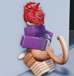 1boy against_wall cat cuffed furry horns image long_penis oc orange_fur orginal_character partially_clothed pinned_to_wall red_hair roblox robloxian solo tagme