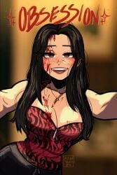 1girls bedroom_eyes big_breasts black_hair black_shorts blood blood_on_face blush blushing blushing_profusely breasts brown_eyes character_request cleavage clothed clothing curvy english_text eyelashes eyeliner eyes_half_open halter_top heart heart-shaped_pupils hourglass_figure inde_navarrette light-skinned_female light_skin long_hair messy_hair necklace obsession open_mouth petite seductive shorts small_waist smile solo topwear watermark