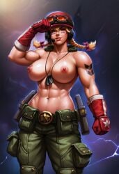 1girl 1girls abs ai_generated bama_kowalski blizzard_entertainment blonde_hair braided_hair breasts cargo_pants civitai dogtags face_paint gloves goggles_on_head headphones helmet heroes_of_the_storm large_breasts muscular navel nipples pants pigtails pinup ribbon_in_hair solo stable_diffusion toned_female topless