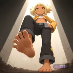 1girl ai_assisted ai_generated barefeet belt big_feet black_pants blonde_hair dark_skin dirty_feet from_below full_body hands_on_hips long_sleeves long_toes looking_at_viewer navel presenting_foot sole_focus standing standing_on_one_leg stinky_feet sweaty_feet twintails yellow_eyes yellow_jacket