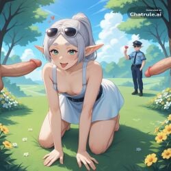 1girl ai_assisted ai_generated all_fours belt big_tits blowjob blue_sky cloud cock_out daylight excited_face flowers forest_background frieren garden grass green_eyes grey_hair huge_tits jiggling_tits looking_at_viewer on_knees penis pointy_ears ponytail sex sfw solo spring sundress sunglasses thick_eyebrows trees view_from_behind