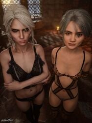 2girls 3d bra breasts cd_projekt_red ciri ciri_(netflix) crossed_arms female female_only freckles freckles_on_face freya_allan green_eyes light-skinned_female light_skin lingerie looking_at_viewer mascara netflix pubic_hair scar stockings tattoo the_witcher_(netflix) the_witcher_(series) the_witcher_3:_wild_hunt thegoatfaper thong white_hair