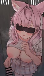 1boy 1girl absurdres animal_ears antenna_hair bar_censor blindfold blush breasts censored clothes_lift commentary_request covered_eyes frilled_sailor_collar frills hair_intakes hair_ribbon hakui_koyori hakui_koyori_(school_uniform) handjob highres hololive indoors kotatsu_mikan_(kotatumika) large_breasts long_hair nipples open_mouth penis pink_hair pink_sailor_collar pink_skirt plaid_clothes plaid_skirt pleated_skirt ribbon sailor_collar school_uniform serafuku shirt_lift short_sleeves skirt solo_focus sweat tears thighs virtual_youtuber white_ribbon white_serafuku wolf_ears wolf_girl