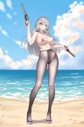 1girl absurdres beach breasts commentary_request dual_wielding grey_eyes grey_hair gun highres holding holding_gun holding_weapon jiuyuan_(nte) jiuyuan_(self-discipline_time)_(nte) large_breasts long_hair looking_at_viewer navel neverness_to_everness nipple_piercing nipples nude open_mouth outdoors pants piercing purple_eyes pussy sand see-through_clothes see-through_pants smile solo water weapon xiaoxi0619