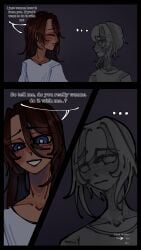 asking_for_it blue_eyes blushing brown_hair brown_skin comic comic_panel green_hair grey_body jericho_ichabod smiling the_kid_at_the_back