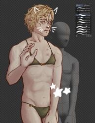 bikini blonde_hair blush crossdressing embarrassed fear_and_hunger fear_and_hunger:_termina green_bikini looking_at_viewer male male_only masculine_crossdresser pavel_yudin scars solo waving