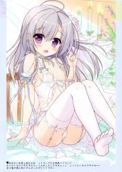 1girl ameto_yuki babydoll blush breasts cameltoe dress flower frilled_dress garter_belt garter_straps gray_hair hair_ornament highres karenai_sekai_to_owaru_hana leaning_back nipples nipples_visible_through_clothing panties ren_(karenai_sekai_to_owaru_hana) see-through see-through_dress sitting skirt_lift small_breasts stockings sweet&tea thighhighs underwear