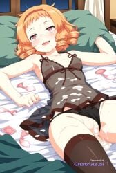 1girl after_sex ai_assisted ai_generated bare_shoulders bedroom black_lingerie black_stockings condom cum_covered cum_on_body cum_on_clothes cum_on_face filled_condom highres holding_used_condom laying_on_back laying_on_bed messy_hair night nipples on_back orange_hair panties_aside petite pleasure red_hair shocked_eyes short_hair small_breasts thick_cum tiny_tits white_curtains