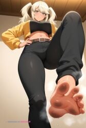 1girl ai_assisted ai_generated barefeet belt big_feet black_pants blonde_hair dark_skin dirty_feet from_below full_body gal green_eyes hands_on_hips long_sleeves long_toes looking_at_viewer navel presenting_foot sole_focus standing standing_on_one_leg stinky_feet sweaty_feet twintails yellow_jacket