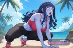 1boy 1girl 4_arms ahegao ai_assisted ai_generated anime_screencap anime_style beach blue_skin blunt_bangs cleavage colorful contrast curvaceous curvy day daytime deep_cleavage detailed_face doggystyle dramatic_lighting faceless_male facing_viewer flat_belly gym hair_down highly_detailed hourglass_figure huge_breasts kali_(smite) kanna_kamui long_hair motion_lines narrow_waist nipples on_all_fours rape rape_victim slim_waist sneakers sports_bra squatting sunny tall_female tongue_out voluptuous wavy_hair wide_hips yoga_pants