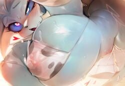 1girl 3gs animal_nose animal_print bikini blue_sclera blush breasts colored_sclera commentary covered_nipples cow_print cow_print_bikini cum furry furry_female heart heart-shaped_pupils highres lactation lactation_through_clothes large_breasts open_mouth pokemon pokemon_(creature) print_bikini snout sweat swimsuit symbol-shaped_pupils tail vaporeon white_bikini white_eyes