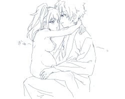 1boy 1girls arms_around_neck blush canon_genderswap clothed_male_nude_female female genderswap_(mtf) gintama gintoki_sakata kimono lactation long_hair male male_lactation medium_breasts monochrome nude nude_female okita_sougo okita_souko ponytail pregnant rule_63 shirogu side_ponytail sitting sitting_on_lap sitting_on_person sketch