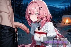 1girl absurdly_long_hair ai_assisted ai_generated anime_screencap blood_splatter breasts campsite close_up closed_mouth firelight flaccid_penis frowning high_quality juliet_sleeves kneeling long_hair long_sidelocks long_sleeves looking_at_penis looking_at_viewer night outside pink_eyes pink_hair pointy_ears smile solo upper_body white_dress white_robe zenless_zone_zero
