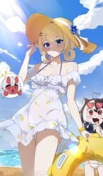 bare_shoulders black_hair blonde_hair blue_eyes blue_sky blush breasts cloud collarbone day dress eyewear_on_head hat heart indie_virtual_youtuber innertube looking_at_viewer multiple_girls ocean open_mouth outdoors red_eyes short_hair sky small_breasts smile standing straw_hat sun_hat sunglasses virtual_youtuber vyugen water white_dress yenko