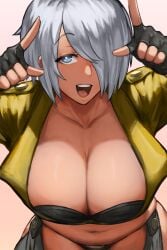 1girls alternate_version_available big_breasts blue_eyes breasts character_request cleavage collarbone dark-skinned_female dark_skin eyebrows eyebrows_visible_through_hair eyelashes facing_viewer female female_focus female_only hair_over_one_eye huge_breasts large_breasts looking_at_viewer medium_hair midriff navel novum open_jacket open_mouth revealing_clothes silver_hair solo solo_female solo_focus