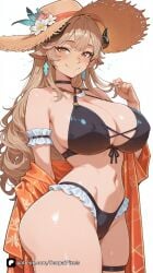 1girl ai_generated animal_ears arknights arknights:_endfield artist_name bangs bare_shoulders bikini black_bikini black_choker blush breasts brown_eyes brown_hair choker cleavage closed_mouth covered_nipples cowboy_shot criss-cross_halter earrings flower frilled_bikini frills halterneck hat hat_flower horns jewelry large_breasts long_hair looking_at_viewer meteorite_(arknights) navel off_shoulder patreon senpai_pixels sensitive simple_background smile solo straw_hat swimsuit thigh_strap thighs white_background