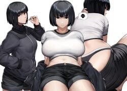 1girls bangs big_breasts black_eyes black_hair breasts cleavage eyebrows eyebrows_visible_through_hair eyelashes facing_viewer female female_focus female_only huge_breasts jacket large_breasts light-skinned_female light_skin looking_at_viewer medium_hair midriff navel novum open_jacket original original_character shirt shorts simple_background solo solo_female solo_focus squatting underwear white_background