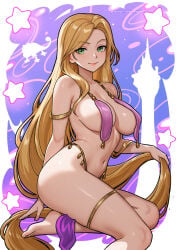 blonde_hair breast_curtains disney disney_princess green_eyes harem_girl harem_outfit large_breasts long_hair redjet tangled very_long_hair