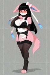 1girls ai_generated anthro_female black_eyes black_hair canid dog_girl female generation_6_pokemon long_hair original_character pink_fur pokemon pokemon_(species) red_sclera scorpianpp self_upload stable_diffusion sylveon versi