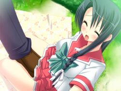 black_hair blush closed_eyes femsub footjob kneeling moan saitou_maika school_uniform yandere_(visual_novel)