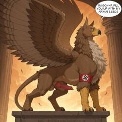ai_generated all_fours anatomically_correct anatomically_correct_genitalia anatomically_correct_penis animal_genitalia animal_penis armband avian balls beak blue_eyes canine_genitalia canine_penis column dialogue dominant dominant_feral dominant_male ears_up erection feathered_wings feathers feral genitals golden_hour gryphon hi_res knot looking_at_viewer low-angle_view male male_feral mythological_avian nazi penis proud rape_face sheath side_view sky skyscape smile smiling_at_viewer smug_face solo speech_bubble spread_wings swastika tail talons wildclaw666 wings