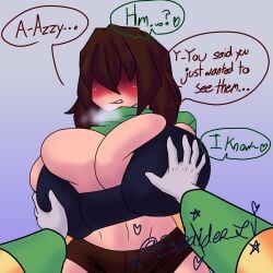 1boy 1girl 1girls adoptive_incest adoptive_siblings anthro anthro_on_human asriel asriel_dreemurr big_breasts black_bra blush bra brown_hair chara chara_(undertale) dialogue espaiderlv female flustered flustered_female furry furry_male furry_on_human goat goat_boi goat_boy groping half-dressed human looking_pleasured male/female massive_breasts nonbinary_(lore) romantic_couple rosy_cheeks short_hair shorts sweater sweater_lift voluptuous voluptuous_female