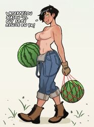 1girls areolae bare_shoulders big_breasts black_hair blush boots breasts celebelian earrings english_text exposed_breasts female female_only fit_female freckles freckles_on_shoulders full_body gloves green_eyes jeans lime_eyes nagi_(celebelian) navel nipples open_mouth open_smile original overalls overalls_down overalls_only rolled_up_pants short_hair smile solo stud_earrings sweat sweatdrop talking talking_to_viewer tan-skinned_female tan_body tan_skin tanline tanlines text tomboy topless walking watermelon