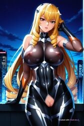 1girl adjusting_hair ai_assisted ai_generated armor bare_shoulders black_bodysuit blonde_hair brown_eyes city cityscape clouds cowboy_shot crotchless curvy dark_theme detailed_pussy drill_hair elbow_gloves fishnets gloves hair_between_eyes hair_ornament high_contrast kagami_hirotaka koukawa_oboro lipstick long_hair looking_at_viewer neon_lights night night_sky outdoors parted_lips soft_shading taimanin_asagi_zero taimanin_suit thigh_gap visible_pussy