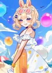 1girl animal_ears balloon bangs bare_shoulders bird blonde_hair blue_eyes blue_sky blurry blush breasts cloud day depth_of_field eyebrows_visible_through_hair eyewear_on_head flower hair_flower hair_ornament heart-shaped_eyewear indie_virtual_youtuber innertube lens_flare looking_at_viewer outdoors see-through short_hair sky smile solo sun sunglasses virtual_youtuber vyugen yenko