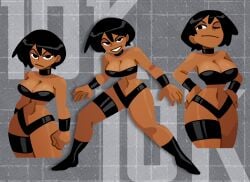 black_hair boots bracelet cleavage dark-skinned_female dark_skin female female_focus female_only good_draws looking_at_viewer one_eye_closed revealing_clothes short_hair slim_waist tagme topwear