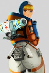 1female 1females 1girl 1girls 1woman 1women alternate_version_available apex_legends ass ass_focus blonde blonde_female blonde_hair blue_eyes blush blushing clothed clothing electricity electronics fully_clothed kage_(artist) kage_(detteiutteiu) looking_back_at_viewer scar scarred_face solo solo_female solo_focus wattson wattson_(apex_legends)