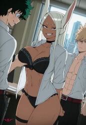 1girls 2boys 2boys1girl abs ai_generated bakugou_katsuki bra breast_grab breasts_bigger_than_head evil_smile grabbing izuku_midoriya lingerie mirko my_hero_academia netorare ntrkage office office_lady older_female older_male_and_younger_female open_shirt panties shirt teacher_and_student