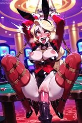 1girl ai_generated arzagod big_breasts blonde_hair blush bodysuit bodysuit_aside bunny_ears charlie_morningstar_(hazbin_hotel) dildo dildo_in_pussy hazbin_hotel large_breasts long_hair makeup perfect_legs red_eyes red_stockings shibari stockings tagme thick_thighs tongue_out wet wet_pussy