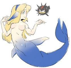 alternate_species artistic_nude black_body blonde_hair blue_body blue_eyes cnggu13 cute featureless_breasts hairband maria_robotnik mermaid mermaid_tail no_nipples nonsexual_nudity pufferfish red_eyes shadow_the_hedgehog sonic_(series) sonic_the_hedgehog_(series) topless