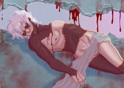 1boy artist_signature blood_drip blue_eyes boku_no_hero_academia burn_scar dabi lying_on_side male male_focus male_only my_hero_academia nude_male nudity pubic_hair scar scars shirtless solo solo_male stiches todoroki_touya touya_todoroki villain white_hair white_pubic_hair