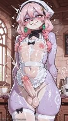 1boy ai_generated apron blue_eyes blush bow braid citlali_(genshin_impact) colored_skin cowboy_shot cum cup decurse earrings ejaculation erection genshin_impact grin hair_between_eyes heart heart-shaped_pupils indoors jewelry long_hair looking_at_viewer male_focus naked_apron navel nipples otoko_no_ko penis pink_hair see-through shiny shiny_skin skindentation smile solo sweat symbol-shaped_pupils tattoo testicles thighhighs trembling twin_braids uncensored white_thighhighs
