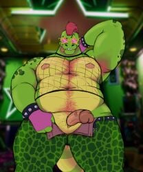 5:6 alligator alligatorid animal_genitalia anthro armpit_hair belly_hair bite biting_lip body_hair bottomwear bracelet chest_hair clothed clothing crocodilian erection eyewear fingerless_gloves fishnet_clothing fishnet_shirt fishnet_topwear five_nights_at_freddy's five_nights_at_freddy's:_security_breach genital_slit genitals glasses gloves hand_behind_head handwear hi_res jewelry looking_at_viewer male mixed_media mohawk montgomery_gator musclegut muscular newmoonnsfw nipples open_bottomwear open_clothing open_pants pants photo_background photography_(artwork) presenting_genital_slit pubes reptile scalie scottgames shirt solo spiked_bracelet spikes steel_wool_studios tongue tongue_out topwear wearing_glasses