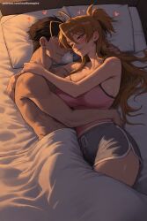 1boy 1girl ai_generated blush breasts brown_hair cleavage couple heart hetero hi_res high_quality high_resolution highschool_of_the_dead hug large_breasts long_hair lying on_bed on_side patreon pillow rei_miyamoto seductive sexy shorts smile uncensored watermark