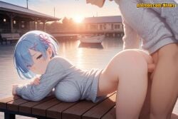 1boy 1girl against_wall ai_generated alternate_costume arched_back ass bench bent_over blue_eyes blue_hair blush boat bottomless breast_press breast_rest breasts building cable_knit closed_mouth day doggystyle eyes_visible_through_hair flower_knot from_side hair_ornament hair_over_one_eye hair_ribbon hairclip hetero indoors large_breasts long_sleeves looking_at_viewer male_pubic_hair medium_breasts mosaic_censoring nivora outdoors patreon penis pink_ribbon re:zero_kara_hajimeru_isekai_seikatsu rem_(re:zero) ribbed_sweater ribbon sex sex_from_behind short_hair sky smile solo_focus sunset sweater sweater_lift testicles thighs top-down_bottom-up uncensored vaginal water watercraft white_sweater x_hair_ornament