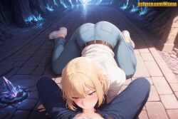 1boy 1girl ai_generated all_fours ass belt blonde_hair blue_pants blush brown_belt bulge censored cha_hae-in cha_hae_in crystal denim erection fellatio hair_between_eyes hetero jeans mosaic_censoring nivora open_pants oral outdoors pants penis pov pov_crotch purple_eyes shirt shirt_tucked_in shoes short_hair solo_focus solo_leveling white_footwear white_shirt