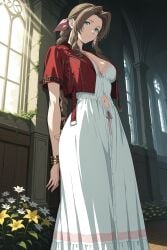 1girl aerith_gainsborough ai_generated arms_behind_back bow bracelet braid braided_ponytail breasts brown_hair church cleavage closed_mouth clothing_cutout cropped_jacket digitalwaifugallery dress final_fantasy_vii flower green_eyes hair_ribbon hi_res high_quality high_resolution indoors jacket jewelry large_breasts lily_(flower) long_dress long_hair looking_at_viewer medium_breasts navel open_clothes open_jacket parted_bangs patreon pink_bow pink_dress pink_ribbon red_jacket ribbon seductive sexy short_sleeves sidelocks smile solo standing sunlight uncensored watermark white_dress white_flower window yellow_flower