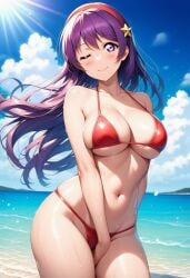1girls ai_generated athena_asamiya beach big_breasts big_tits bikini hairband king_of_fighters light-skinned_female light_skin long_hair outdoors pale-skinned_female pale_skin panties purple_eyes purple_hair star star_(symbol)