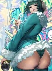 1girls artist_name ass bangs big_ass big_breasts black_eyes breasts butt character_request cleavage clothing eyebrows eyebrows_visible_through_hair eyelashes eyeshadow female female_focus female_only from_behind green_hair large_ass large_breasts light-skinned_female light_skin lipstick looking_back medium_hair novum panties solo solo_female solo_focus striped_panties thighhighs tongue tongue_out unknown_character
