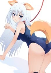 1girl animal_ears ass bent_over blue_eyes blue_hair blue_swimsuit blush date_a_live dog_ears dog_tail from_behind hairclip long_hair looking_at_viewer one-piece_swimsuit over_shoulder paw_pose school_swimsuit solo standing sweat swimsuit tail thighs tobiichi_origami