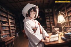 1girl ai_generated black_hair book book_stack bookshelf brown_eyes clock closed_mouth earrings flower glasses hair_flower hair_ornament holding holding_book hood hood_up indoors japanese_clothes jewelry kimono lamp lantern lee_bora library long_sleeves looking_at_viewer multiple_girls nivora obi open_book print_kimono reading red_eyes round_eyewear sash scenery short_hair sitting smile solo solo_focus solo_leveling table tassel uchikake wataboushi white_kimono wide_sleeves wooden_floor
