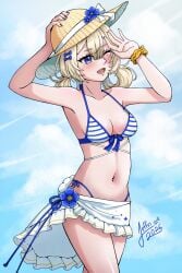 1girl bikini bikini_skirt blonde_hair blue_bikini blue_eyes breasts cleavage collarbone eyebrows_visible_through_hair flower hair_ornament hat highleg highleg_bikini indie_virtual_youtuber looking_at_viewer medium_breasts navel one_eye_closed open_mouth scrunchie signature skirt smile solo standing striped striped_bikini sun_hat swimsuit virtual_youtuber vyugen wrist_scrunchie yenko
