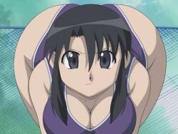 1girl 1girls anime_screencap ass_bigger_than_head azumanga_daiou big_breasts breasts cleavage edit edited edited_screencap female huge_ass huge_breasts looking_at_viewer meme nyamo_minamo_kurosawa please_look_forward_to_it solo swimsuit third-party_edit wide_hips