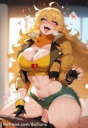 1boy 1girls ai_generated ass ass_grab big_ass big_breasts blonde_hair blush breast_grab breasts clothes clothing cute cute_face duo female female_focus female_on_top large_ass large_breasts light-skinned_female light_skin long_hair looking_at_viewer male nipples open_mouth penis penis_in_pussy pink_eyes pink_nipples pussy rwby sexy sexy_body sexy_female yang_xiao_long younger_female