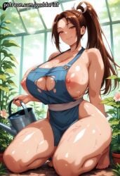 ai_generated bokeh_background brown_eyes brown_hair fatal_fury gaddariat huge_breasts kneeling long_hair long_hair_female looking_at_viewer mai_shiranui patreon ponytail solo watering_can